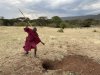 Local Maasai guard demonstrating how they would kill an Aardvark coming out of its tunnel
