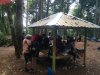 A covered platform for people to rest