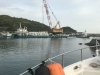 A tug with seawall pilings going out to extend seawall